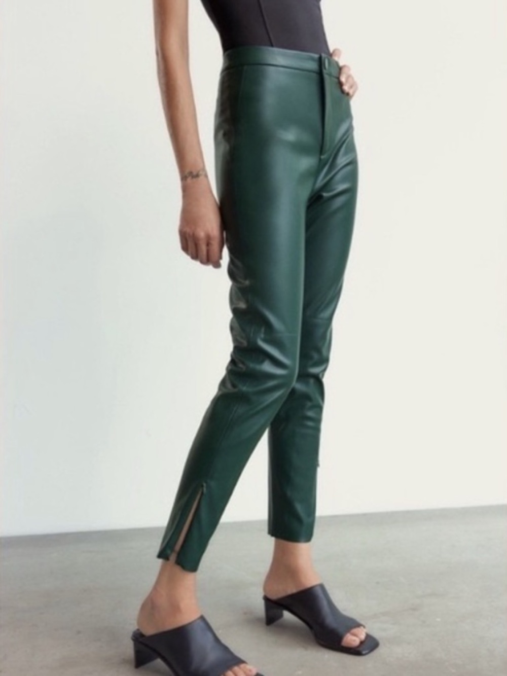 ZARA Faux Leather High-Waist Dark Green Slim Pants
